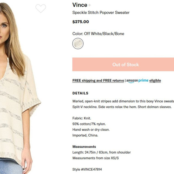 VINCE Speckle Stitch Popover Sweater Top Tunic Cream Stripe S/S sz S EUC! - Picture 4 of 8